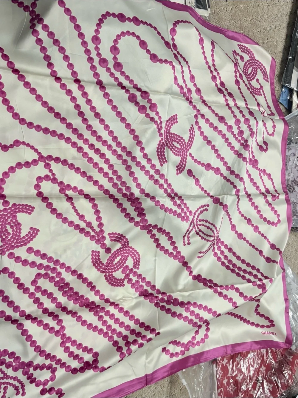Chanel Silk chic Scarf CC Logo Pink White Square 35x35 ‼️LAST ONE LEFT
